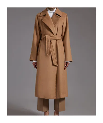 Max Mara Dove Grey Long Coat With Belted Waist And Classic Lapel In Brown