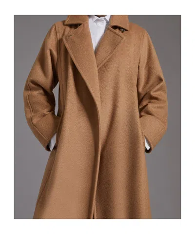 Max Mara Dove Grey Long Coat With Belted Waist And Classic Lapel In Brown