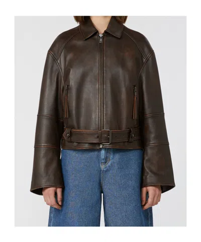 Weekend Max Mara Nappa Leather Biker Jacket In Brown