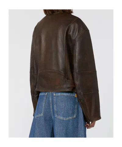 Weekend Max Mara Nappa Leather Biker Jacket In Brown