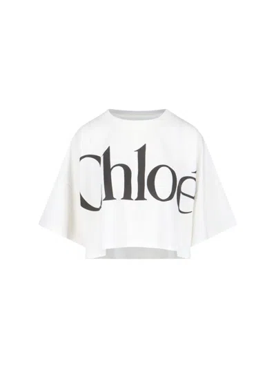 Chloé White Cropped T-shirt With Logo Lettering Print In Cotton Woman