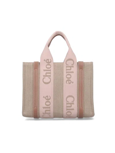 Chloé Small Woody Beige Tote Bag With Logo Detail In Linen Woman In Neutral