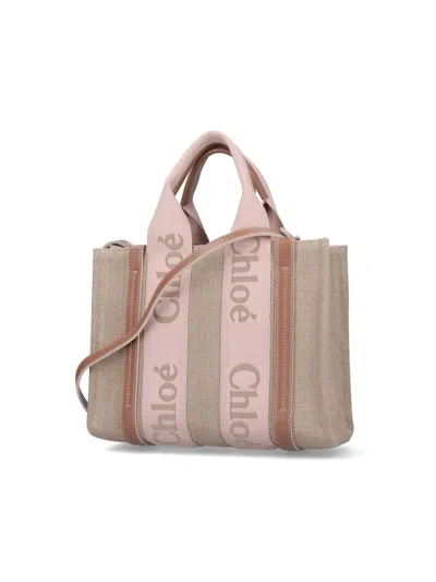 Chloé Small Woody Beige Tote Bag With Logo Detail In Linen Woman In Neutral