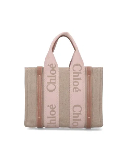 Chloé Small Woody Beige Tote Bag With Logo Detail In Linen Woman In Neutral