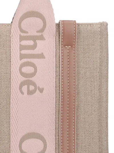 Chloé Small Woody Beige Tote Bag With Logo Detail In Linen Woman In Neutral