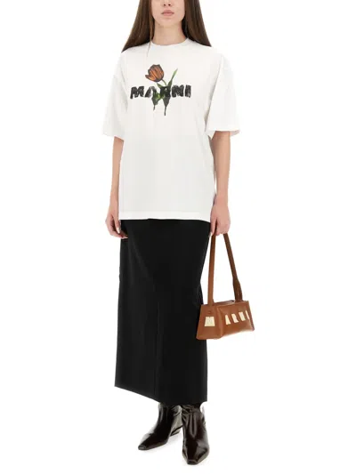 Marni White Crewneck T-shirt With Logo Lettering And Logo Print On The Front In White