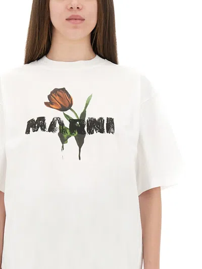 Marni White Crewneck T-shirt With Logo Lettering And Logo Print On The Front In White