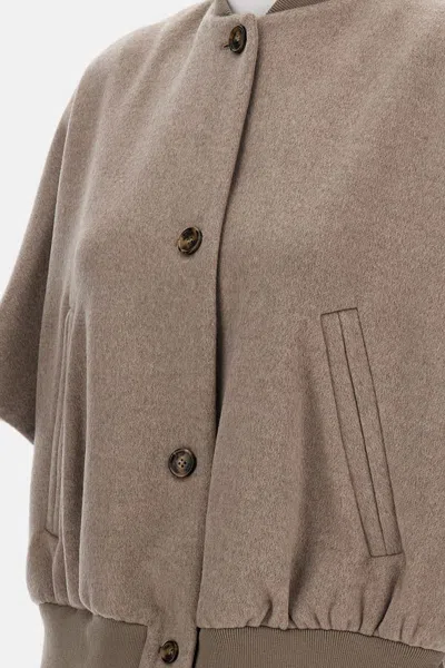 Max Mara Ribbed Hem Short Sleeve Cape With High Collar In Brown