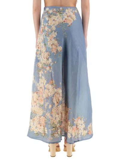 Zimmermann Womens Cascadian Bias Floral Linen Midi Skirt Teal Blue Botanical In Blue