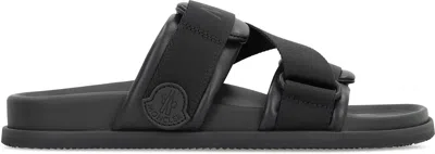 Moncler Mon Summer Leather Sandals With Nylon Details In Black