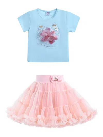 Mimi Tutu Brea Floral-appliqué T-shirt And Ruffled Skirt Set In Blue