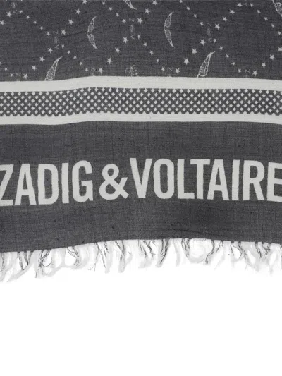 Zadig & Voltaire Fringed Logo-print Scarf In Gray