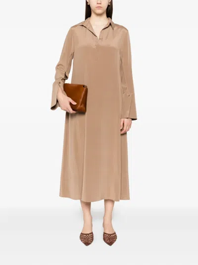 Max Mara Button-cuff Silk Dress In Neutral