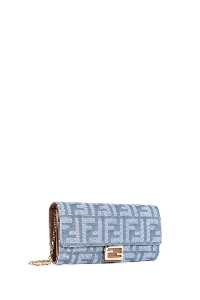 Fendi Denim-effect Ff Jacquard Uette Continental Wallet With Chain Bags In Gray
