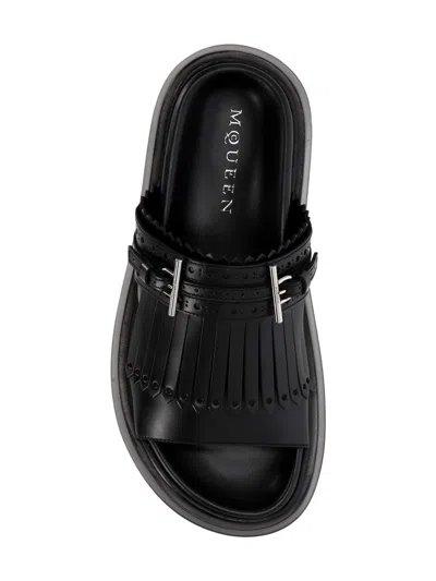 Alexander Mcqueen Alexander Mc Queen T Bar Fringed Black Sandals In Black
