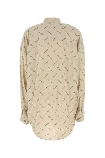 Balenciaga Beige Oversized Shirt With All-over Printed Logo In Viscose Woman In Neutral
