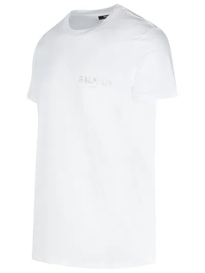 Balmain White Crewneck T-shirt With Logo Lettering On The Front In Cotton Man