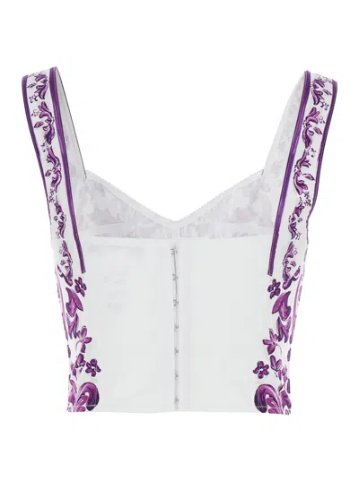 Dolce & Gabbana Violet Top With Sweetheart Neckline And All-over Graphic Print In Cotton Blend Woman