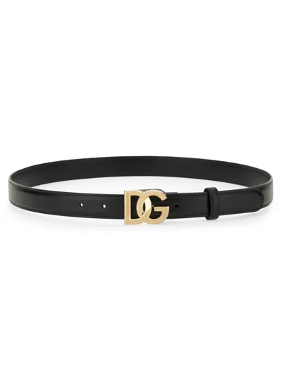 Dolce & Gabbana Belt In Calfskin With Crossed Dg Logo In Black