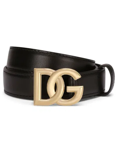 Dolce & Gabbana Belt In Calfskin With Crossed Dg Logo In Black