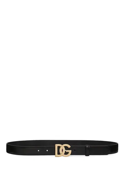 Dolce & Gabbana Belt In Calfskin With Crossed Dg Logo In Black