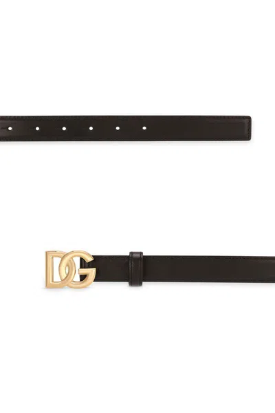 Dolce & Gabbana Belt In Calfskin With Crossed Dg Logo In Black
