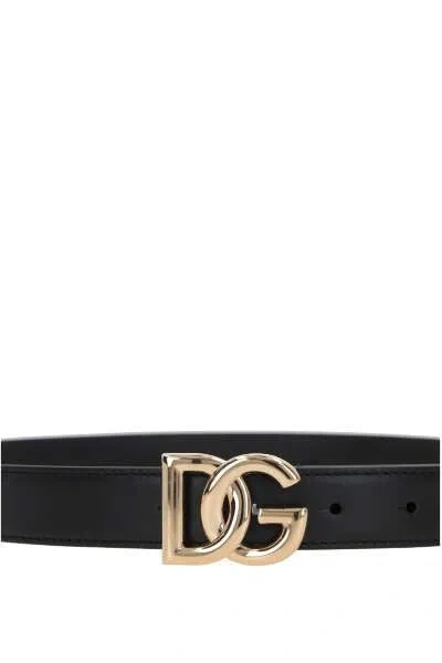 Dolce & Gabbana Belt In Calfskin With Crossed Dg Logo In Black
