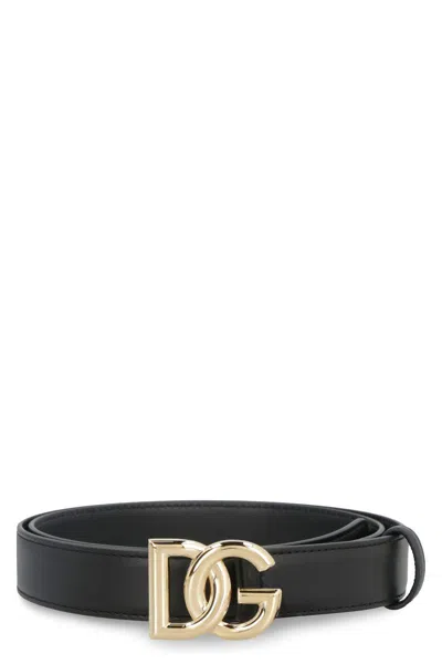 Dolce & Gabbana Belt In Calfskin With Crossed Dg Logo In Black