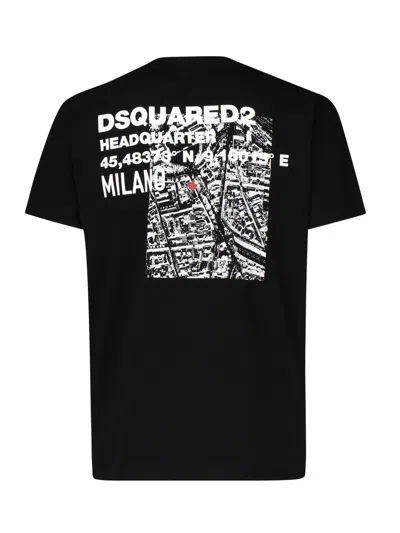 Dsquared2 Black Crewneck T-shirt With Front Logo And Graphic Print On The Back In Cotton Man In Black