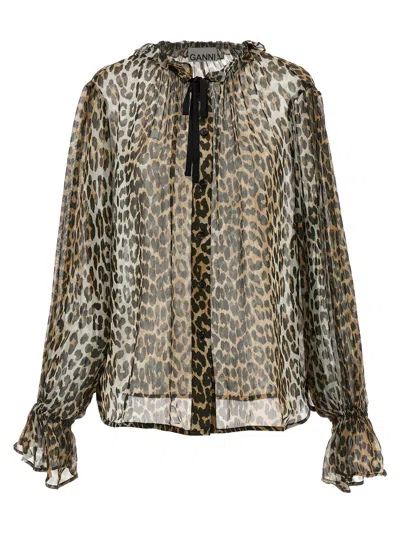 Ganni Printed Viscose Chiffon Tie String Shirt Shirts Animalier In Animal Print