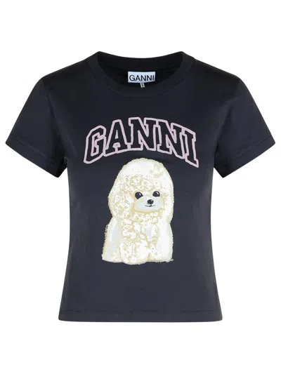 Ganni T Shirt With Black Cotton Poodle Graphic In Black