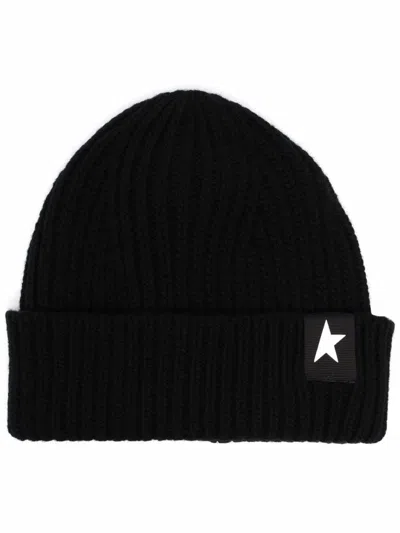 Golden Goose Mans Ribbed Black Wool Hat With Logo In Black