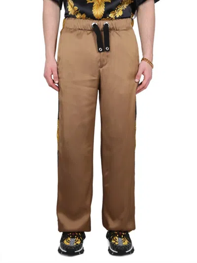 Versace Black Jogger Pants With Drawstring And Barocco Bands In Brown