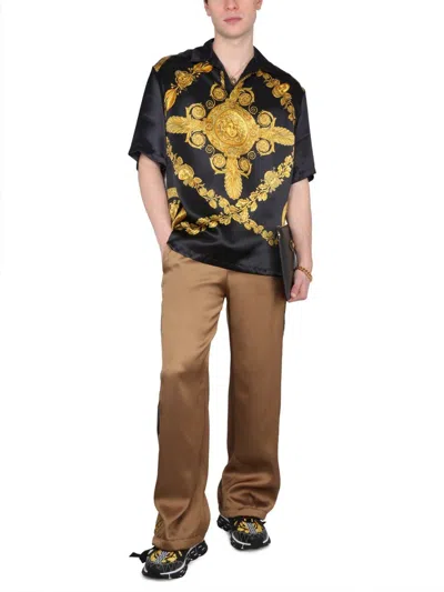 Versace Black Jogger Pants With Drawstring And Barocco Bands In Brown