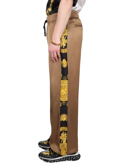 Versace Black Jogger Pants With Drawstring And Barocco Bands In Brown