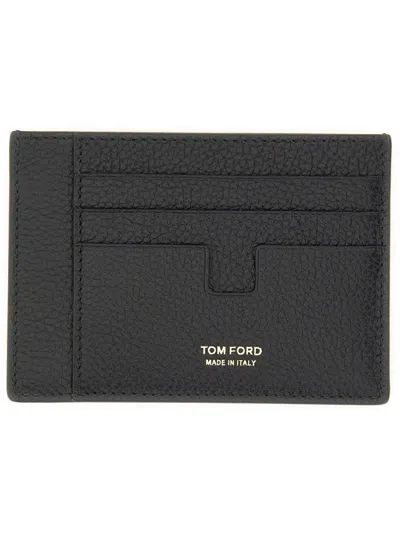 Tom Ford Textured Calfskin Leather Cardholder With Gold Embossed Logo In Black