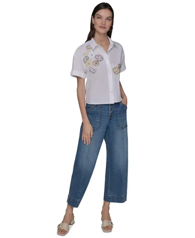 Karl Lagerfeld Plus Size Cotton Floral-detail Roll-tab Shirt
