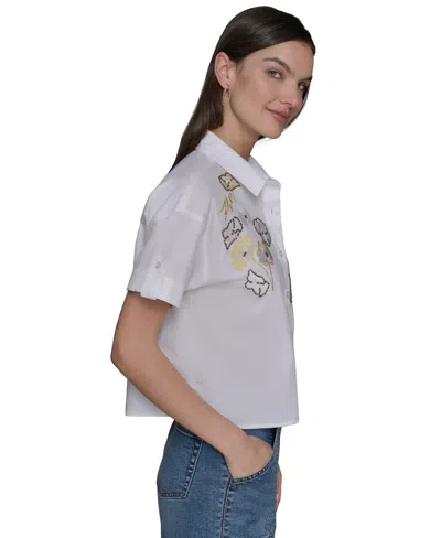 Karl Lagerfeld Plus Size Cotton Floral-detail Roll-tab Shirt