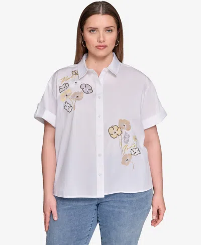Karl Lagerfeld Plus Size Cotton Floral-detail Roll-tab Shirt In White