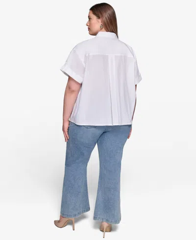 Karl Lagerfeld Plus Size Cotton Floral-detail Roll-tab Shirt In White