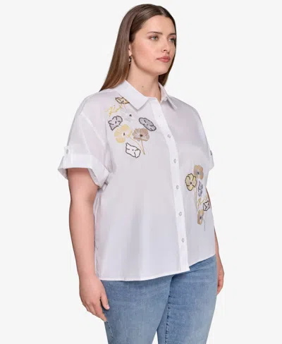 Karl Lagerfeld Plus Size Cotton Floral-detail Roll-tab Shirt In White
