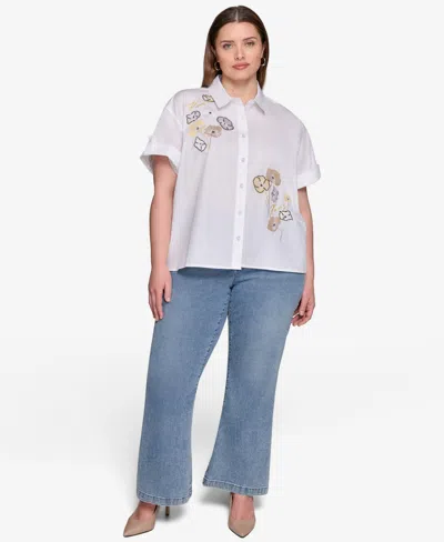 Karl Lagerfeld Plus Size Cotton Floral-detail Roll-tab Shirt In White
