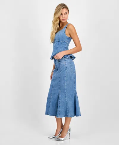 Guess Womens Anika Denim Peplum Top Lia Denim Midi Skirt In Blue