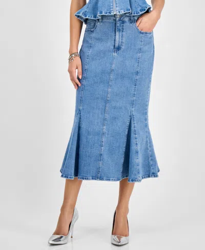 Guess Womens Anika Denim Peplum Top Lia Denim Midi Skirt In Blue