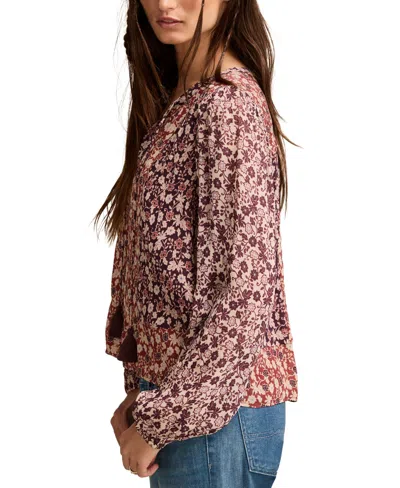 Lucky Brand Boho Floral Print Long Sleeve Top In Burgundy