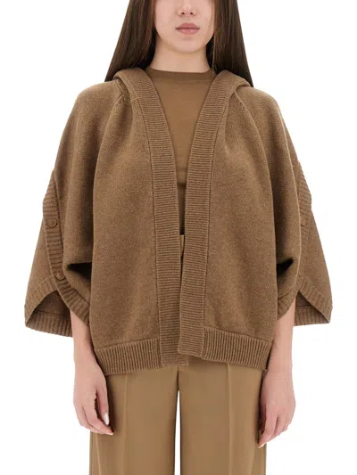 Max Mara 'vals' Brown Cardigan With Fixed Hood And Ribbed Trims In Wool And Cashmere Woman