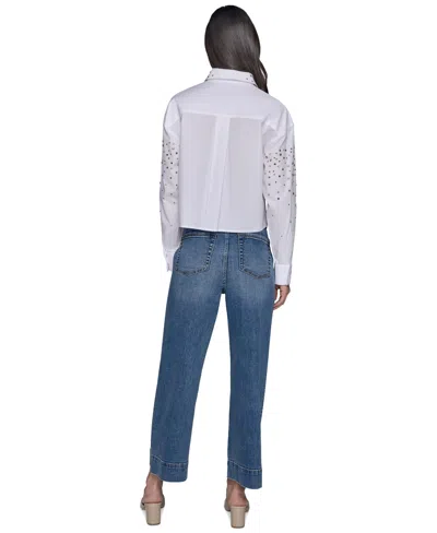 Karl Lagerfeld Embellished Cropped Button Down Shirt In White