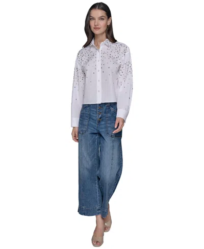 Karl Lagerfeld Embellished Cropped Button Down Shirt In White