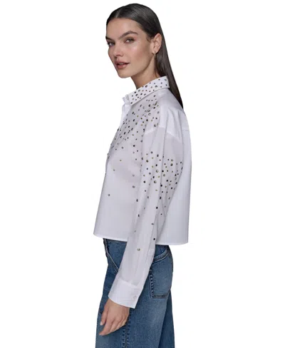 Karl Lagerfeld Embellished Cropped Button Down Shirt In White