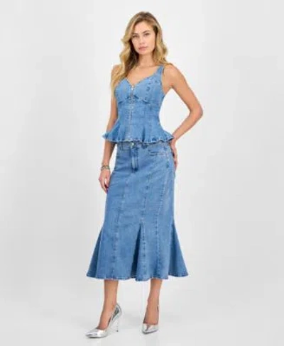 Guess Womens Anika Denim Peplum Top Lia Denim Midi Skirt In Blue